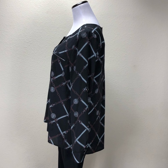 Anne Klein Black & Gray Print Button Down Top - Picture 2 of 6